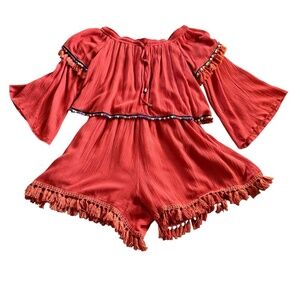 Selfie Leslie Red Romper Off Shoulder Tassels‎ Size Small Boho